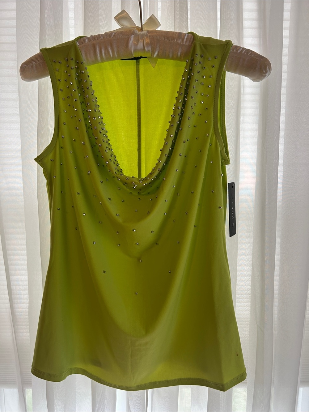 Tiana B. Lime Green Sleeveless Draped Neck Camisole with Rhinestones